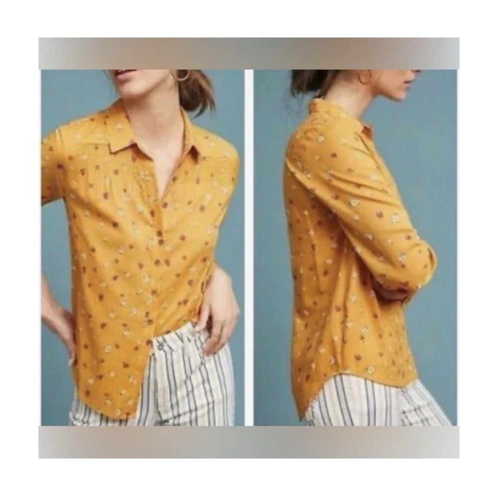 Maeve Floral Smocked Bib Blouse Mustard Yellow Floral Button Down Long Sleeve 14